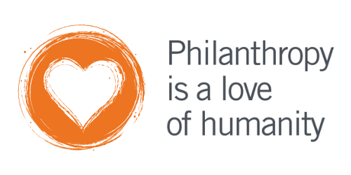 Graphic of an orange circle with a white heart in the middle. Copy reads "Philanthropy is a love of humanity"