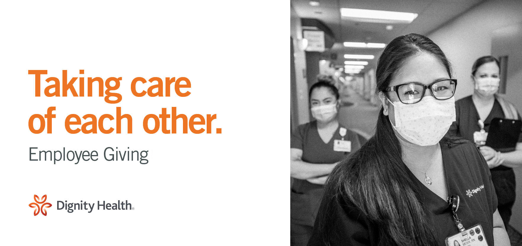 Portrait of three Marian caregivers in masks and scrubs. Copy reads "Taking care of each other. Employee Giving."