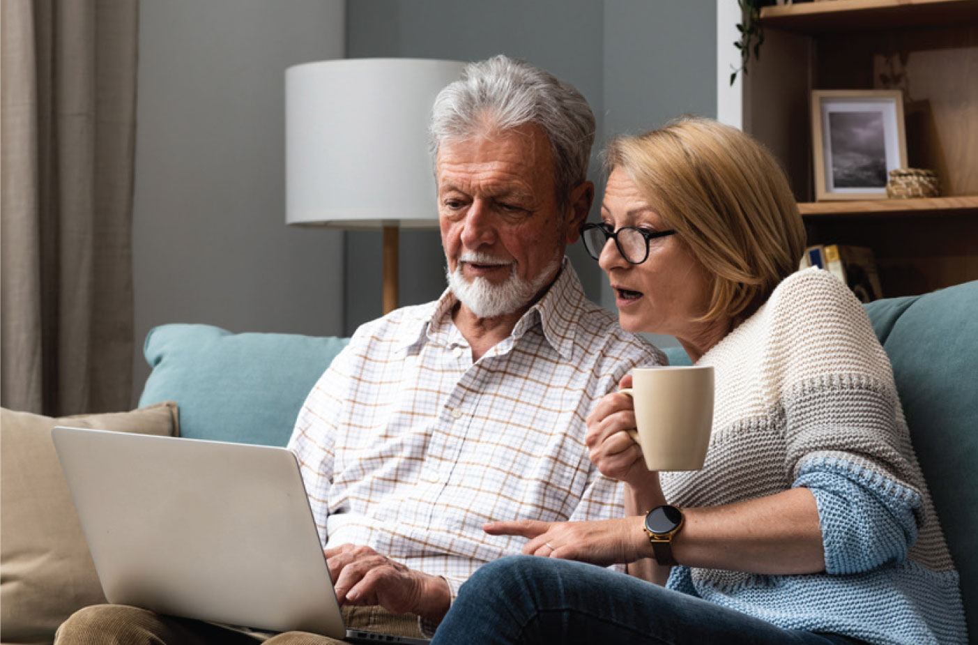 Senior couple on couch looking at laptop.